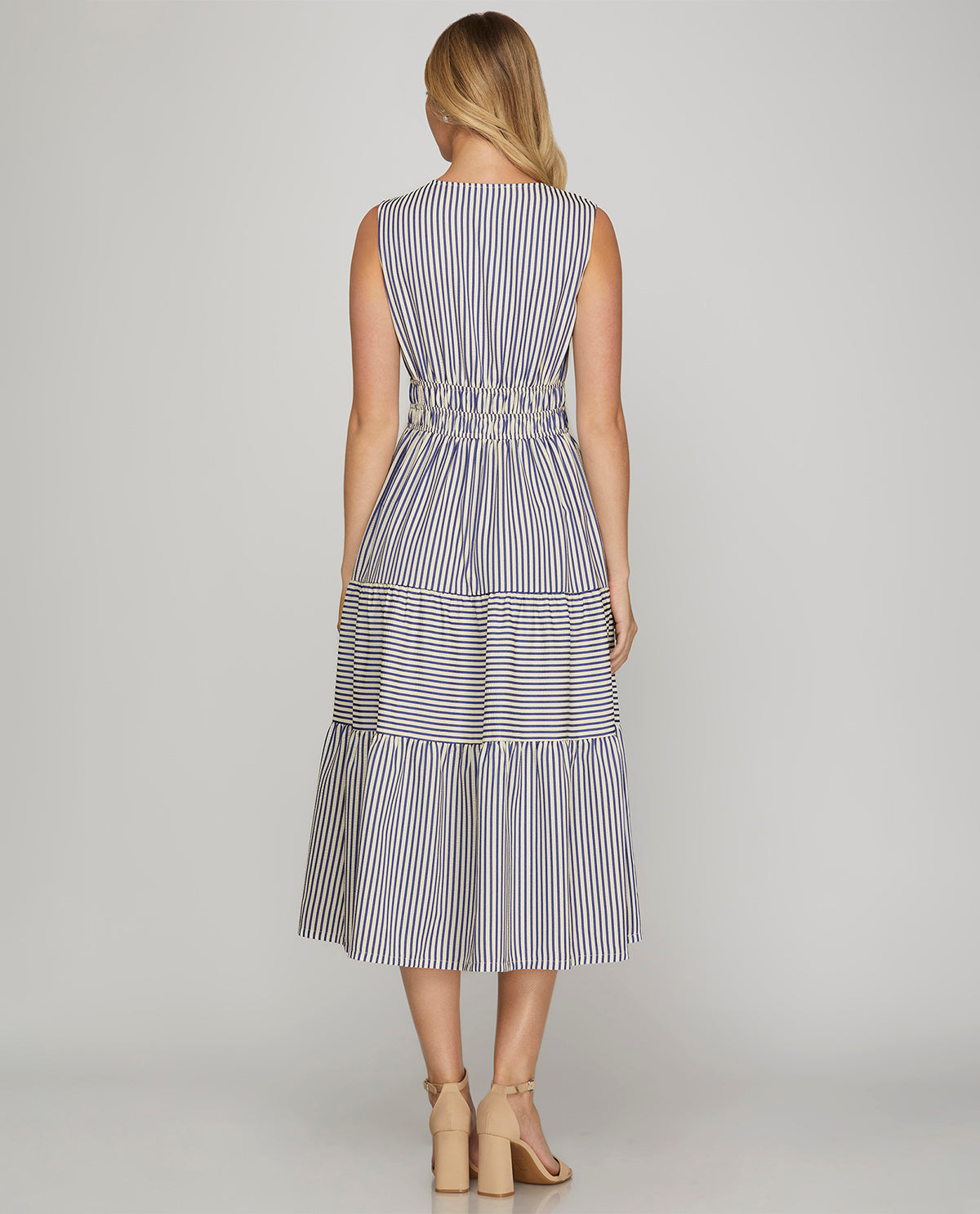 She And Sky Sleeveless Striped Dress Blue