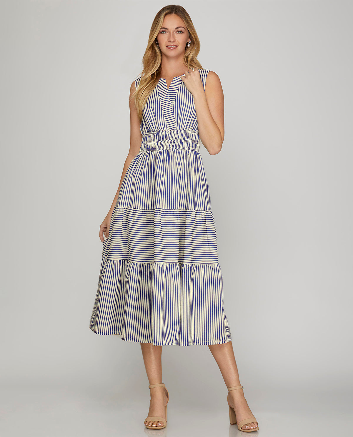 She And Sky Sleeveless Striped Dress Blue