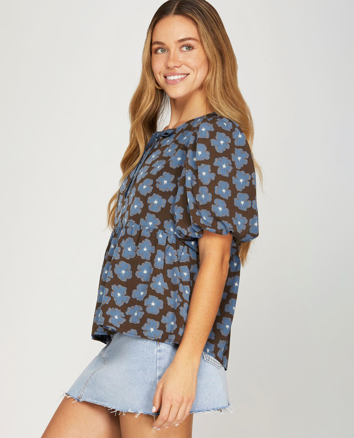 Bow Front Floral Puff Sleeve Top