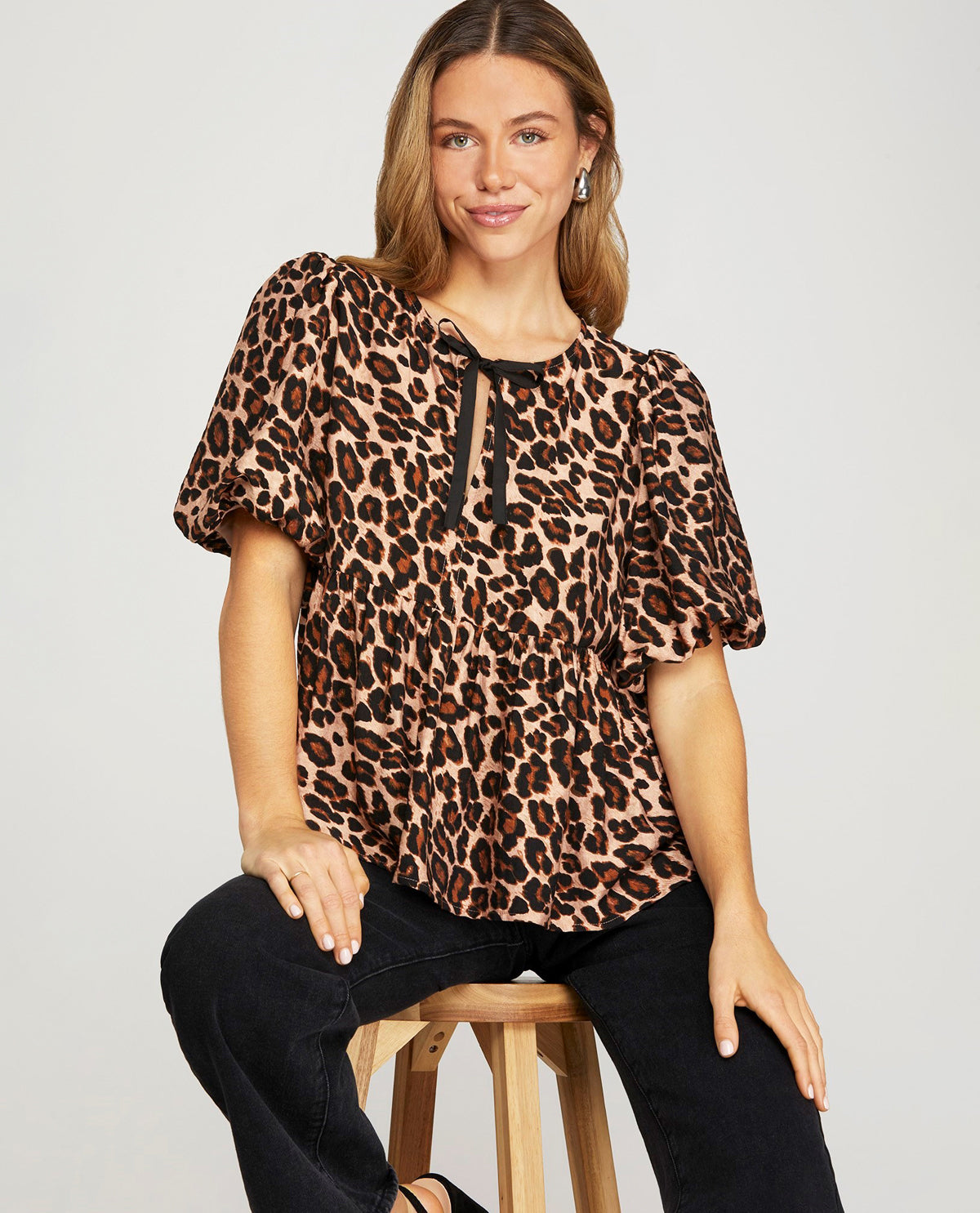 Puff Sleeve Leopard Bow Front Top