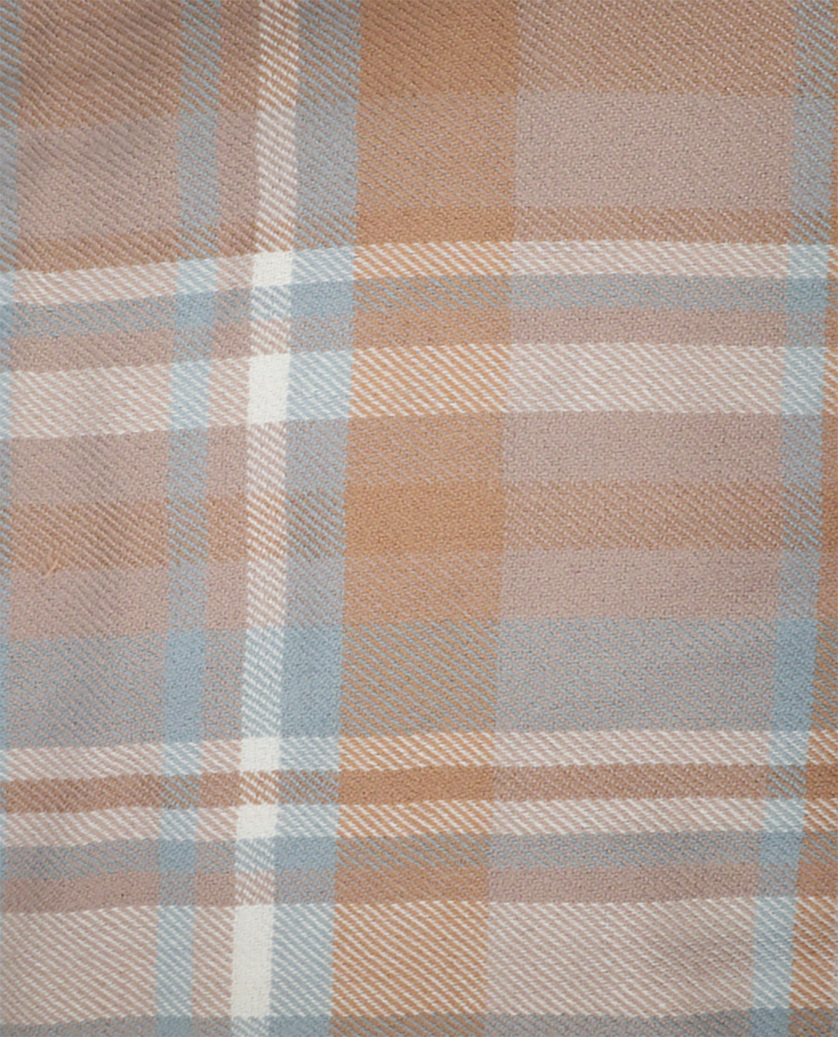 A close-up of a plaid fabric pattern with intersecting horizontal and vertical stripes in dusty peach, light blue, beige, and white.