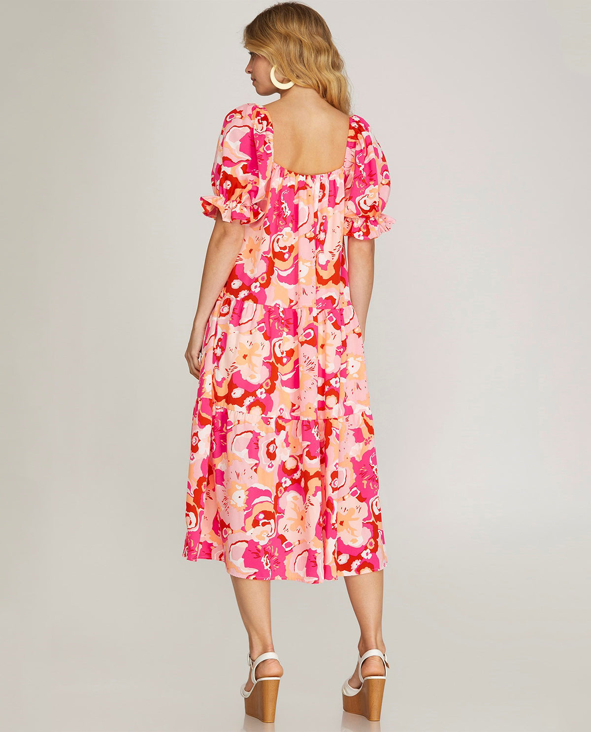 Bubble Sleeve Tiered Print Midi Dress