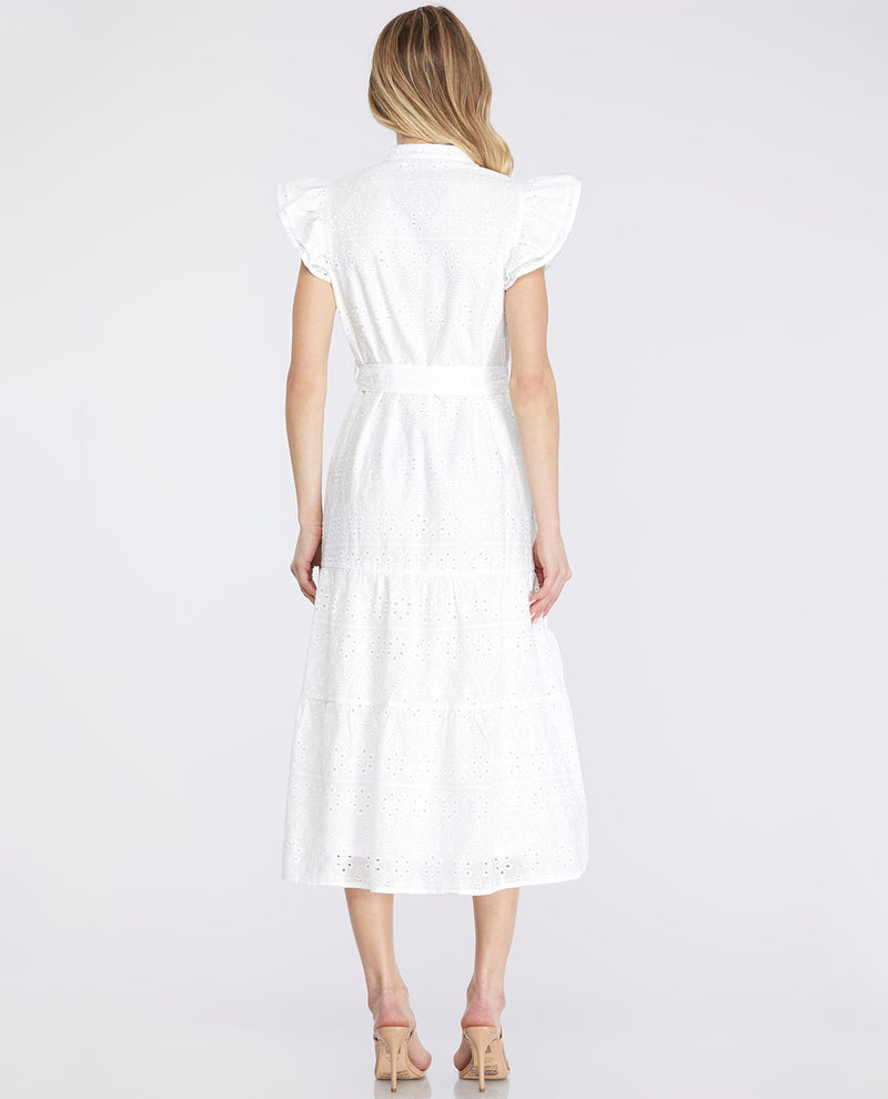 Ruffle Sleeve Eyelet Lace Midi Dress with Front Waist Tie