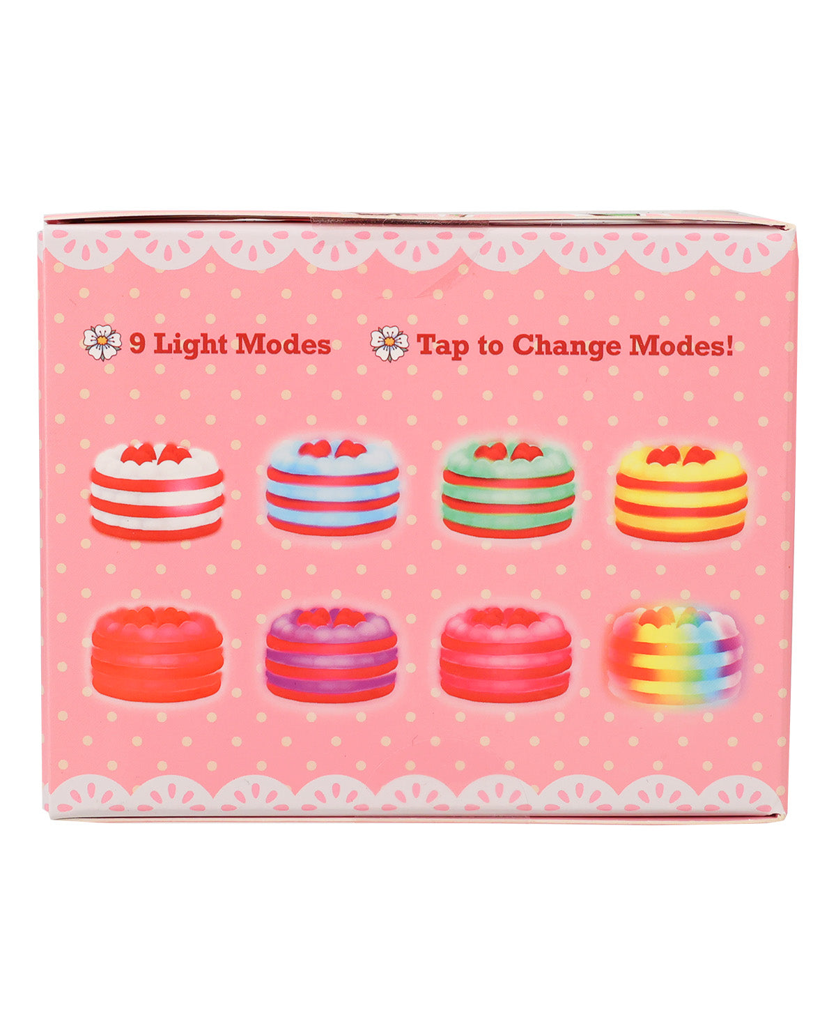 A pink product box featuring illustrations of colorful cake-like squishy toys and text that reads '9 Light Modes' and 'Tap to Change Modes!'.