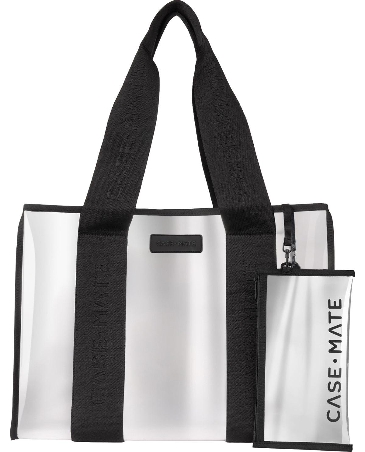 A Case-Mate transparent tote bag with black handles and black trim, shown alongside a matching zippered pouch on a plain white background.