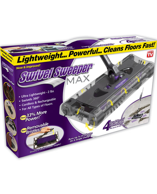 Packaging for Swivel Sweeper Max floor cleaning device showing the sweeper itself in a clear window, with purple and black design elements, and product information and features listed on the box.