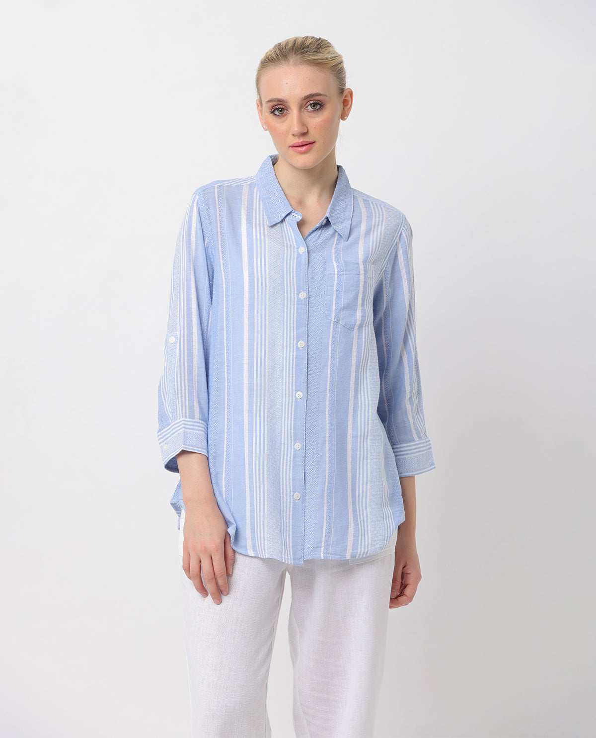 Dash Petite Linen 3/4 Sleeve Button Front Top