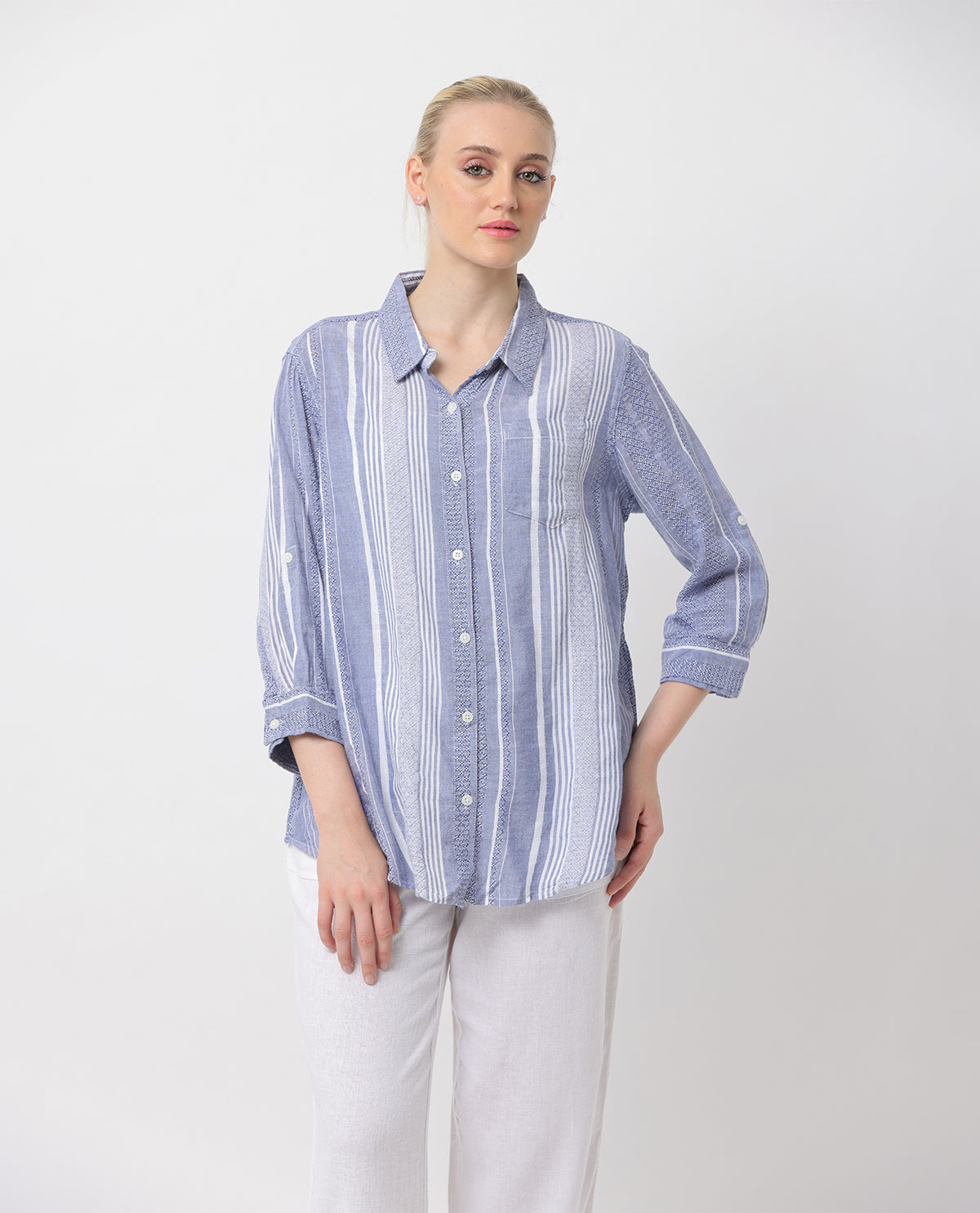 Dash Petite Linen 3/4 Sleeve Button Front Top