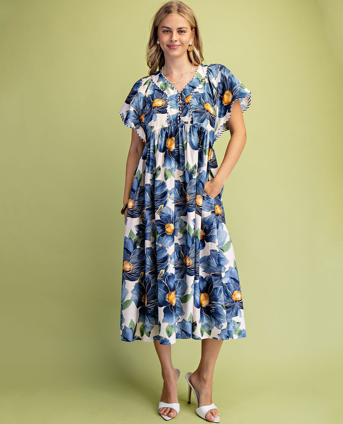 Gigio Floral Print V-Neck Dress With Stripe Trim Navy