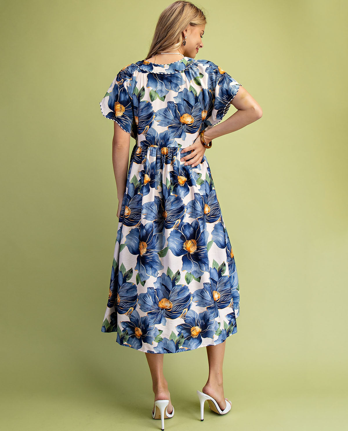 Gigio Floral Print V-Neck Dress With Stripe Trim Navy