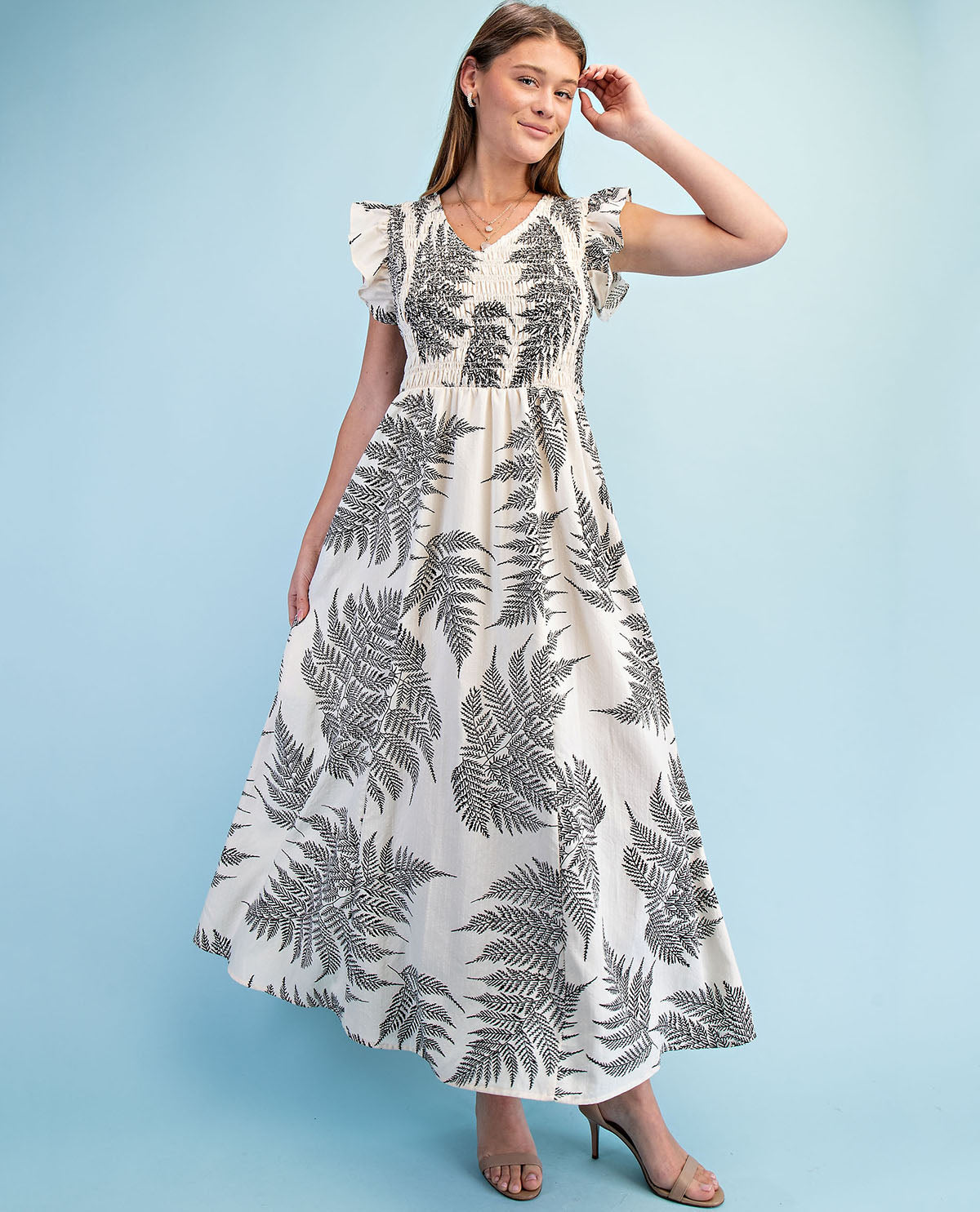 Gigio Fern Print V-Neck Dress Cream