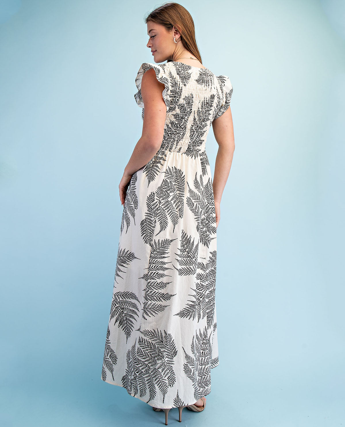Gigio Fern Print V-Neck Dress Cream