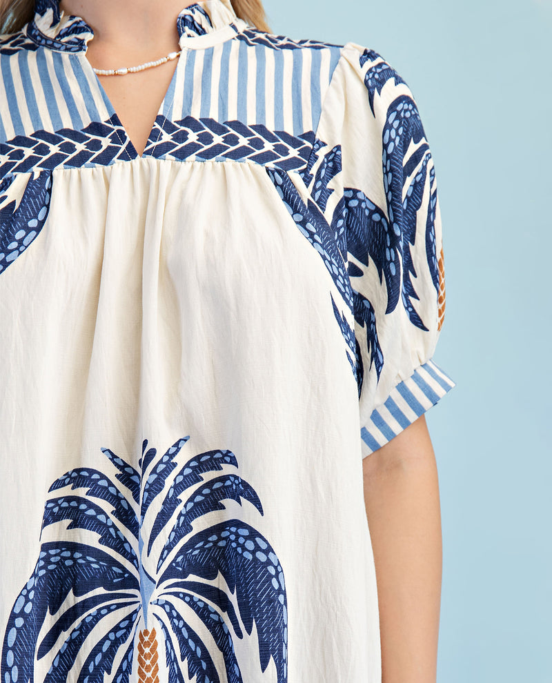 Gigio Palm Tree Print V-Neck Dress Navy