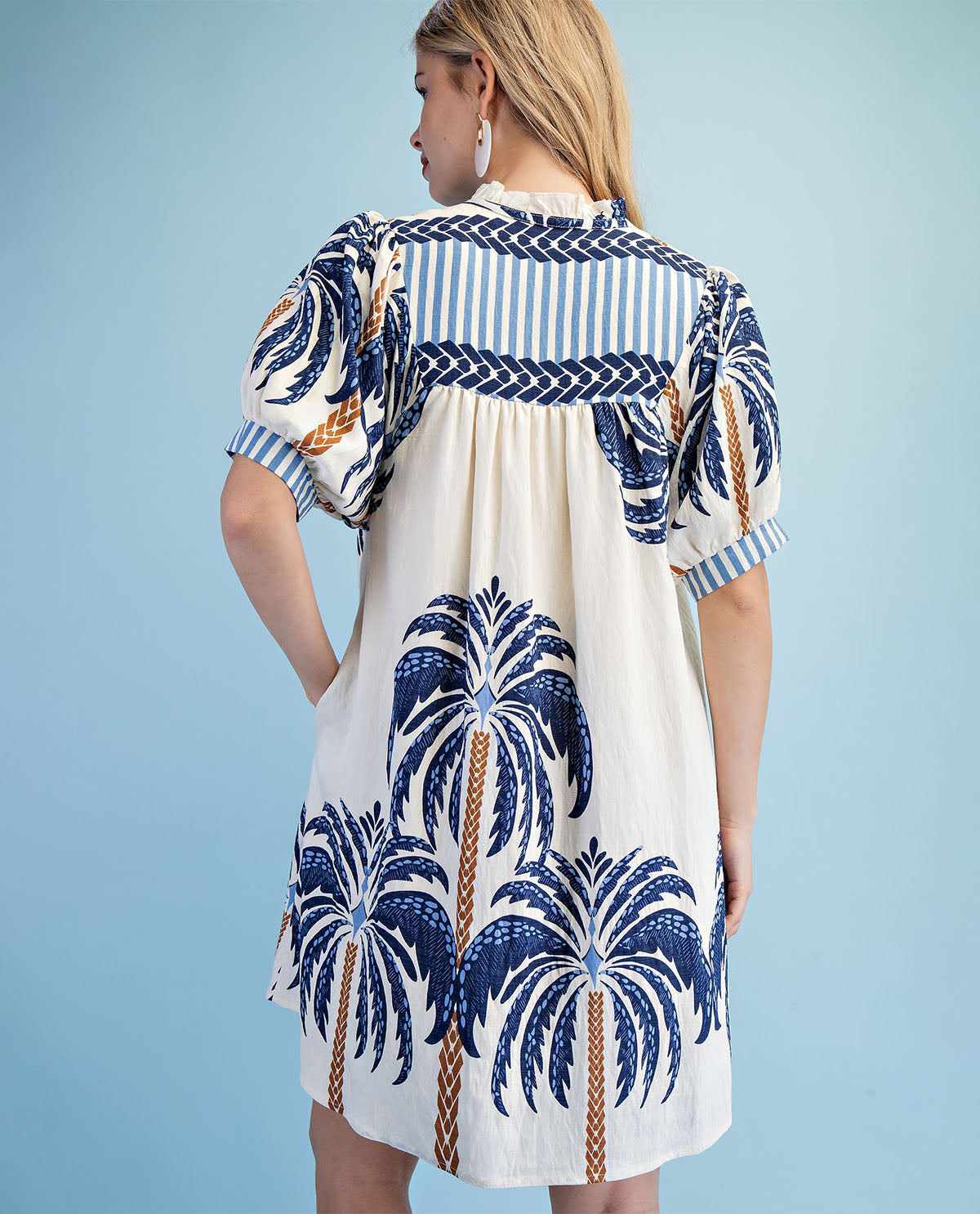 Gigio Palm Tree Print V-Neck Dress Navy