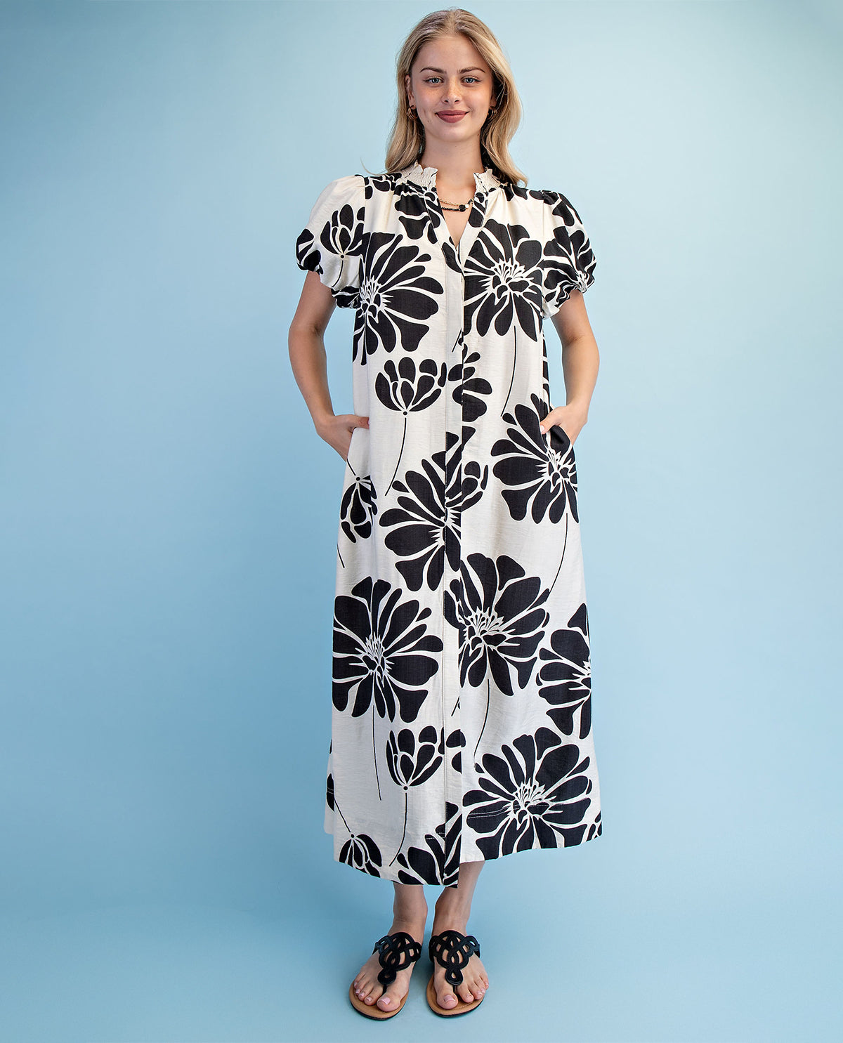 Gigio Floral Print Button Down Dress Black