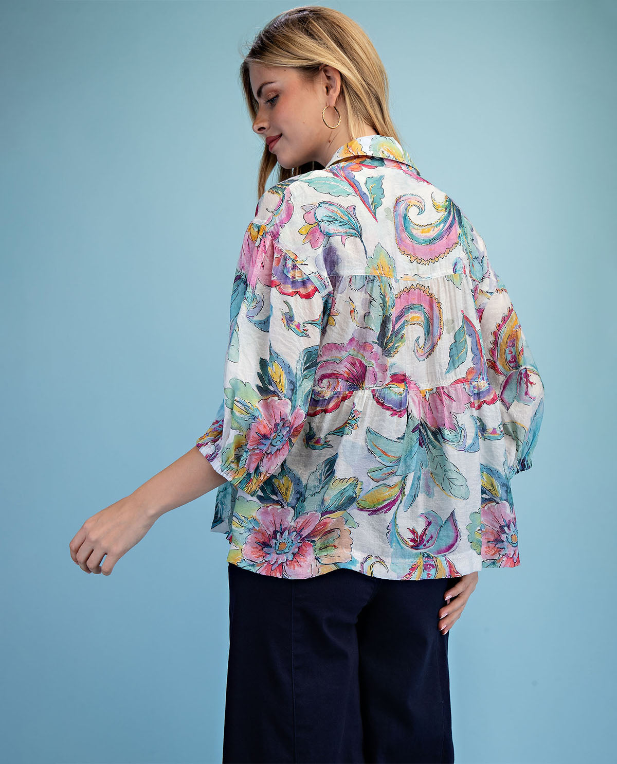 Gigio Print Babydoll Blouse Top Ivory/Mint
