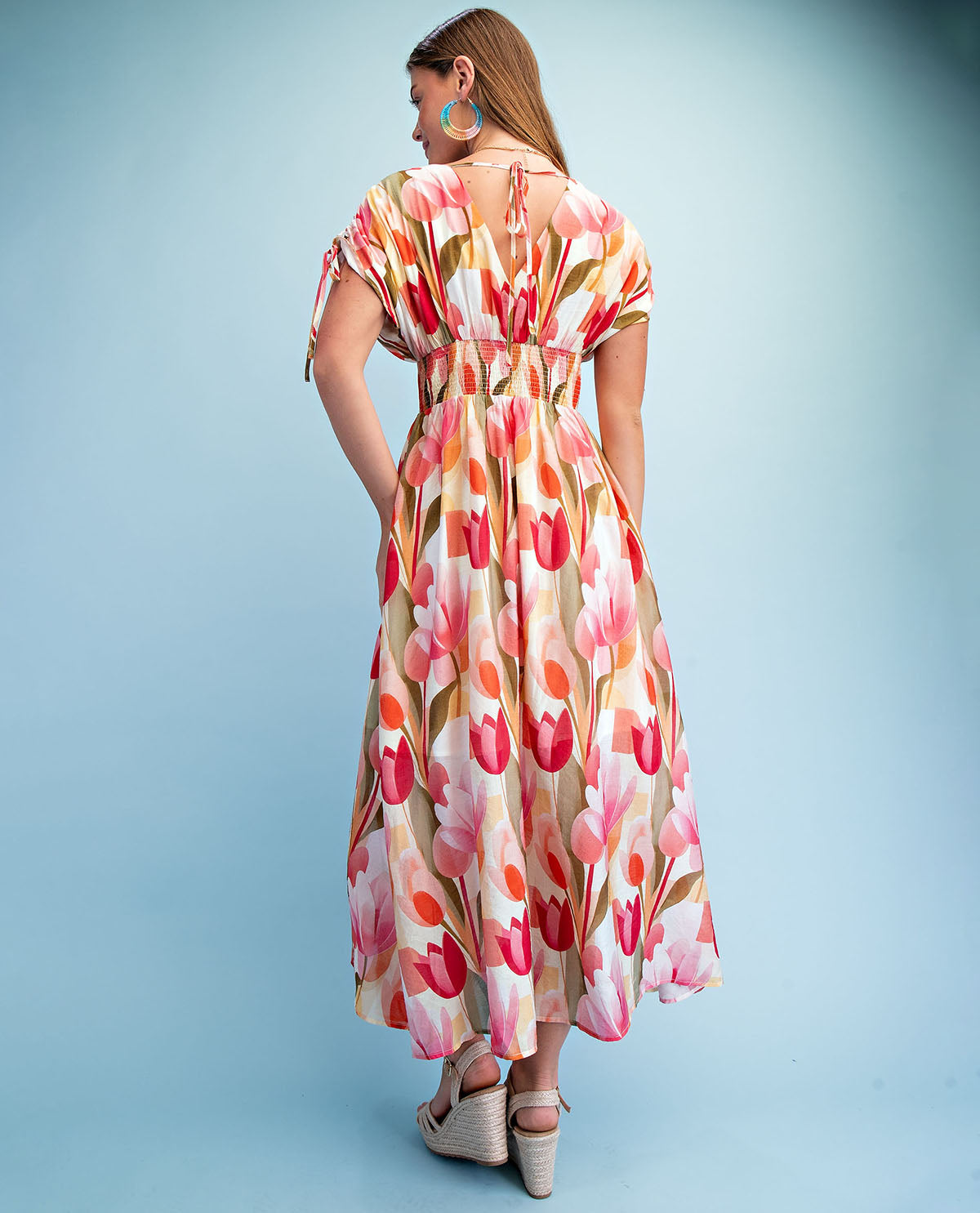 Gigio Tulip Print V-Neck Dress Coral
