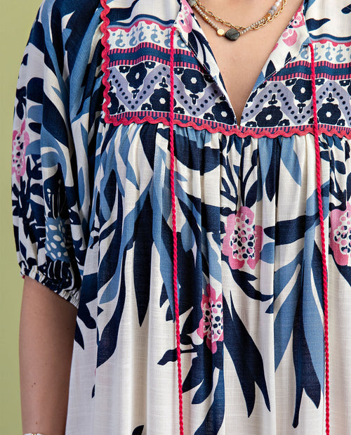 Gigio Print Dress With Ric Rac Trim Navy