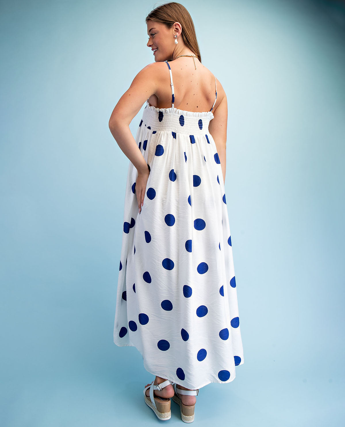 Gigio Polka Dot Dress With Smocked Trim White/Navy