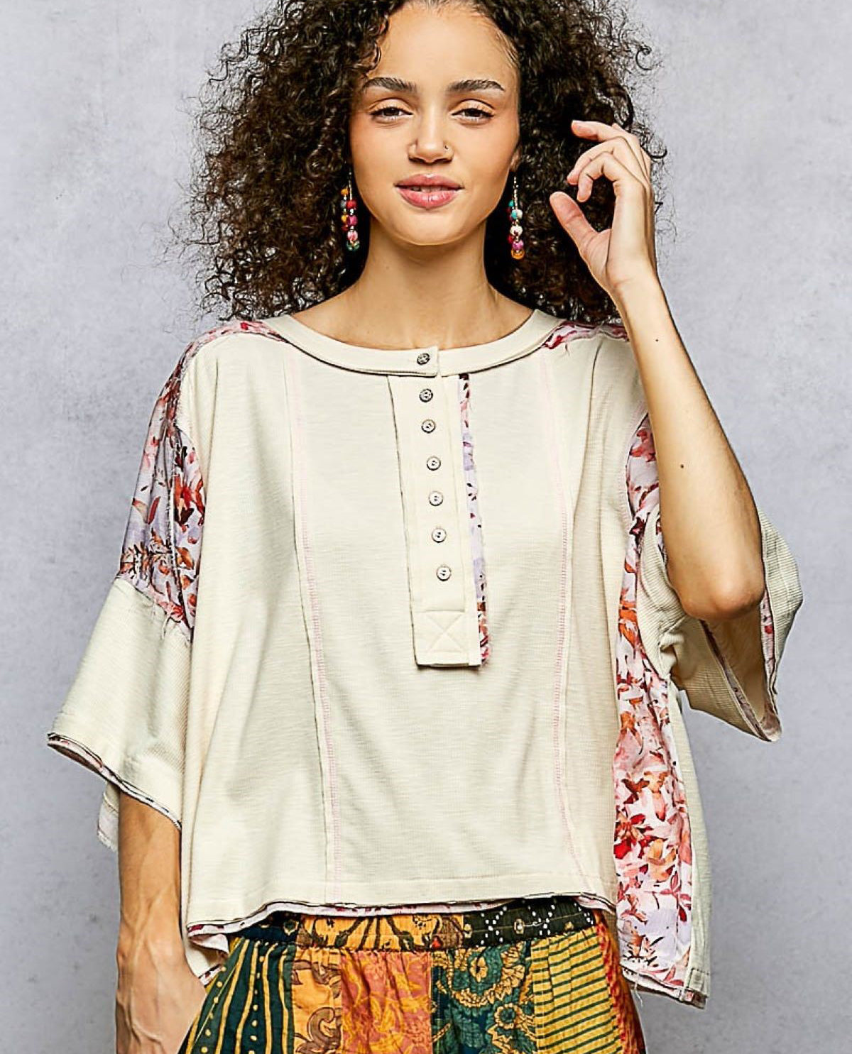 POL Henley Top With Print Sleeves Natural