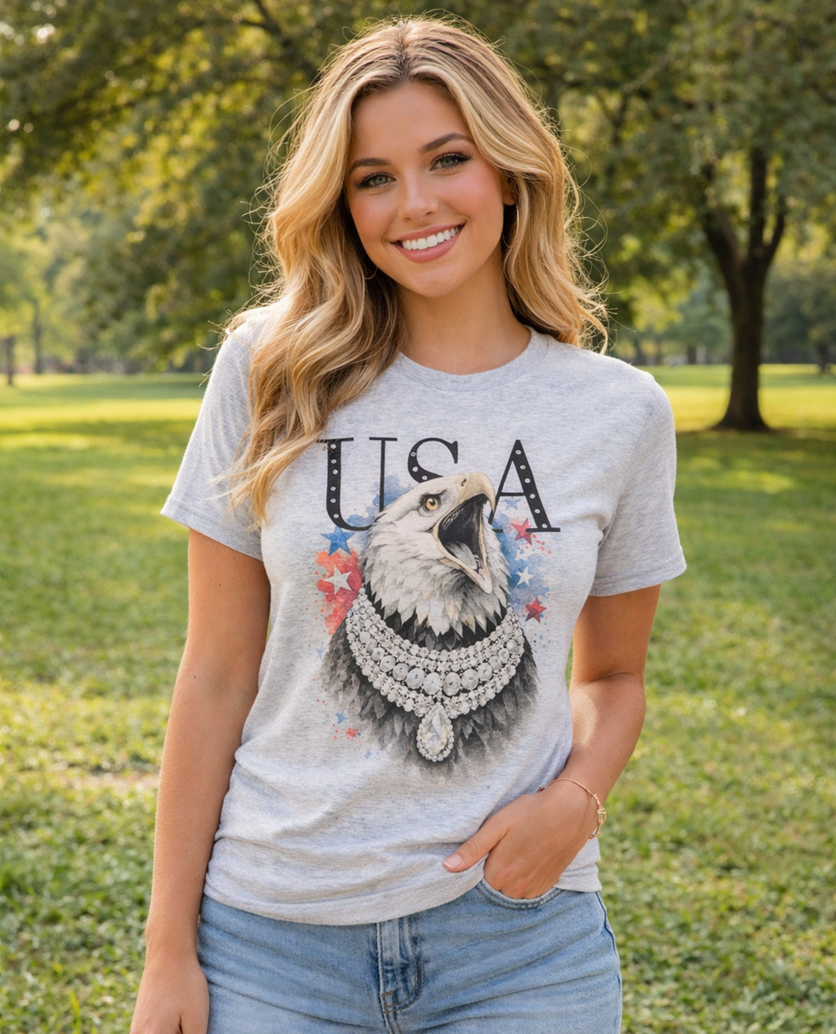 Sugar Stitch Eagle USA With Rhinestone Short Sleeve Tee Gray