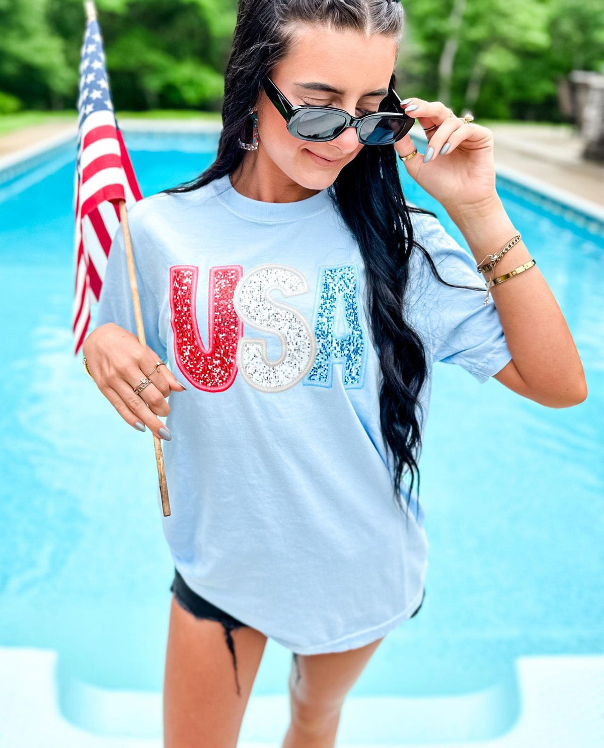 USA Faux Sequin Tee Lt Blue