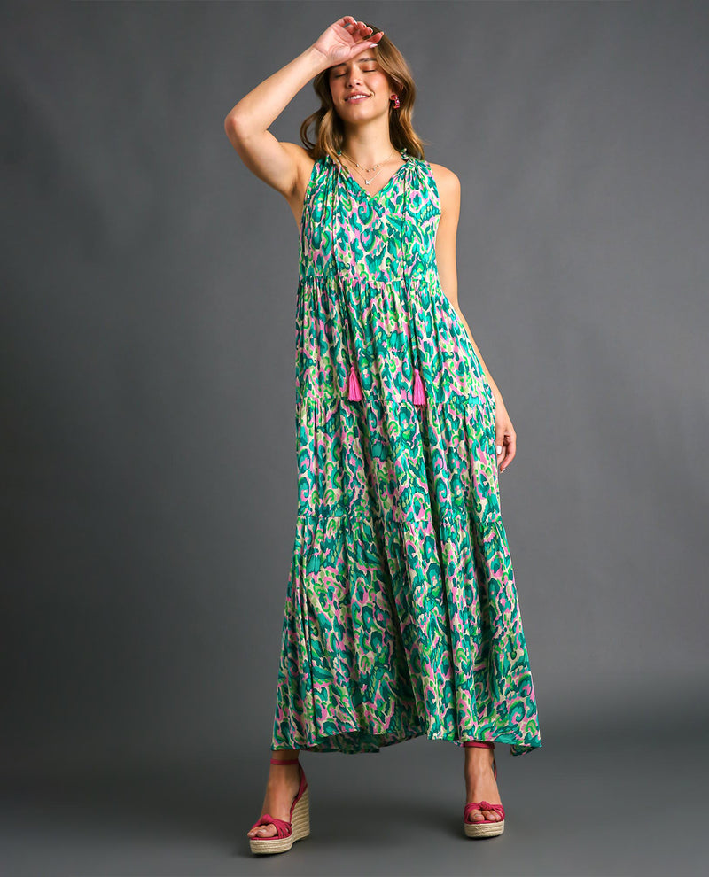 Sleeveless V-Neck Tiered Print Maxi Dress