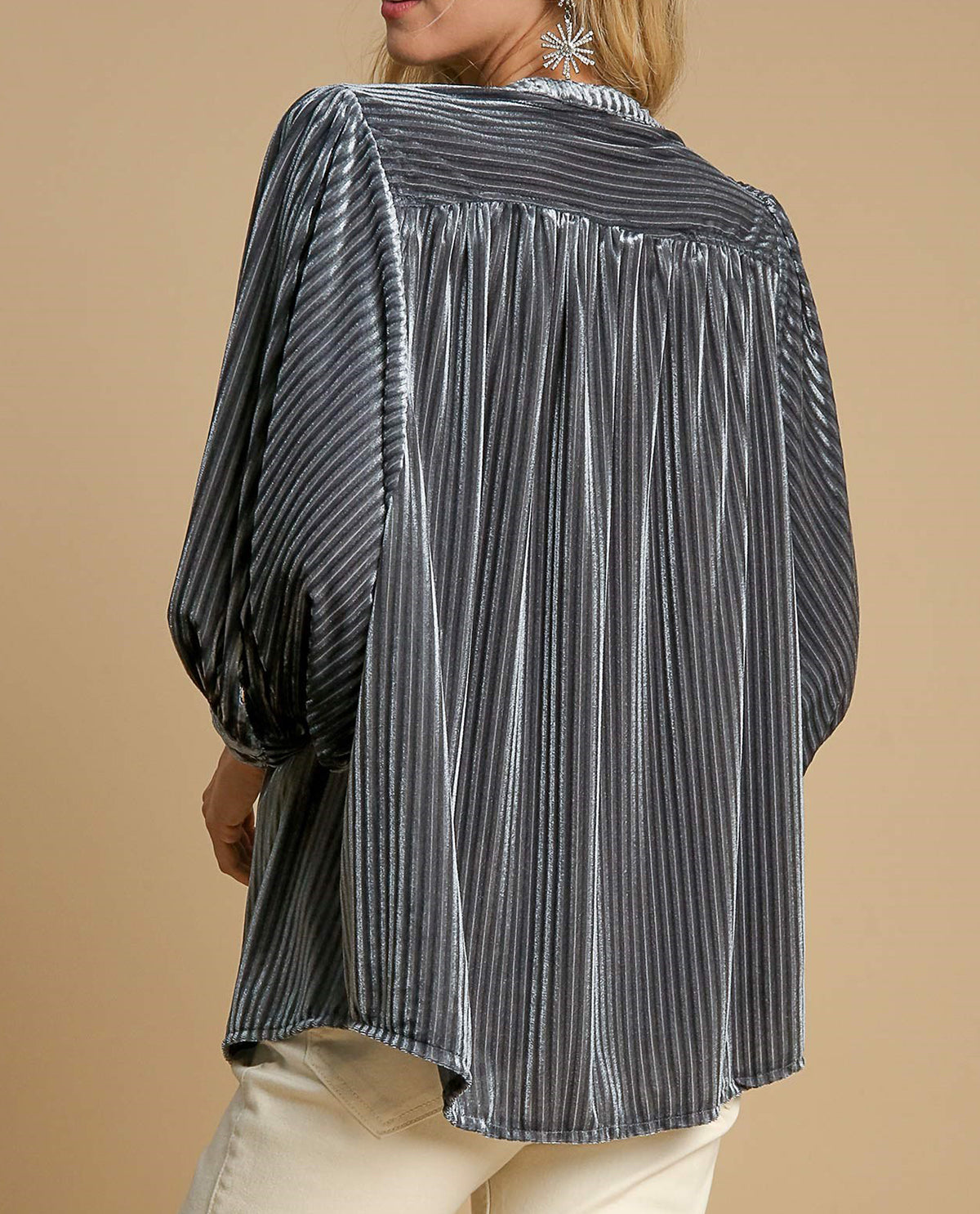 V-Notched Button-Down Pleated Top