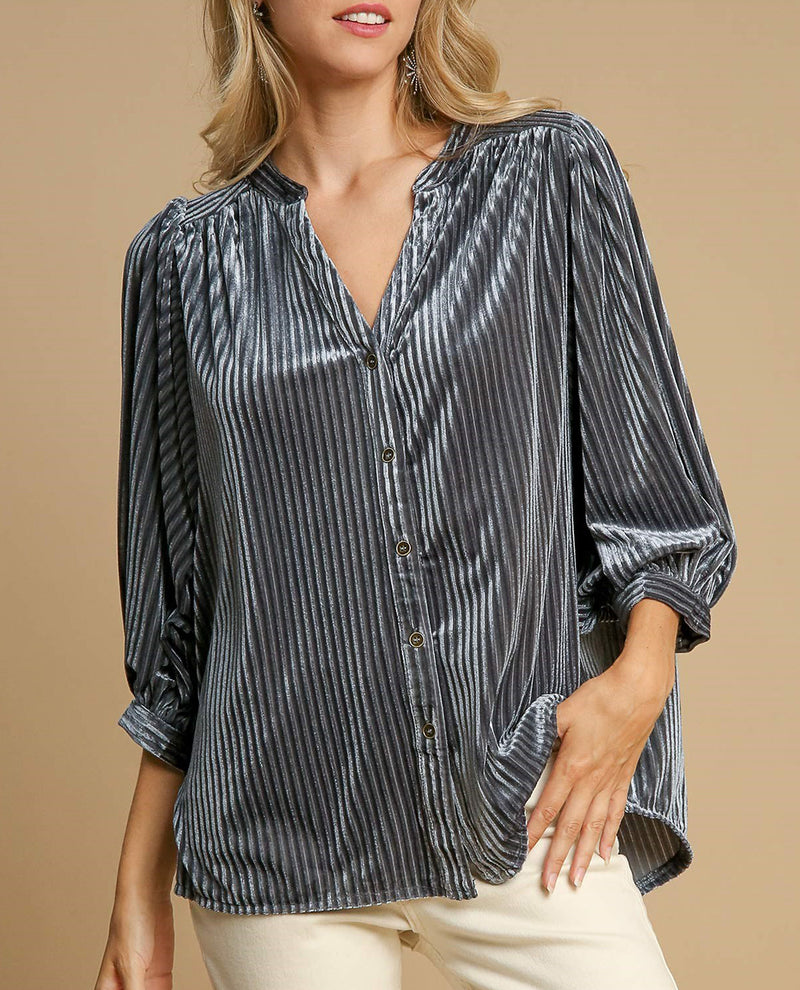 V-Notched Button-Down Pleated Top