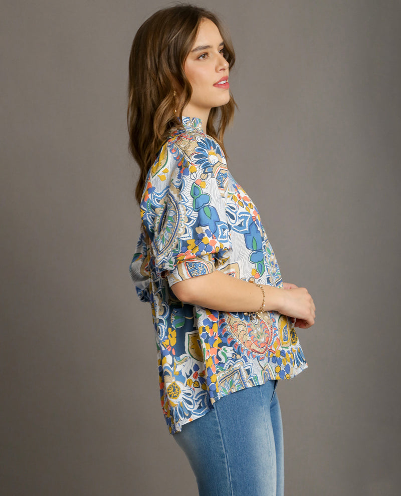 Ruffle Neck Blouse with Puff Sleeves