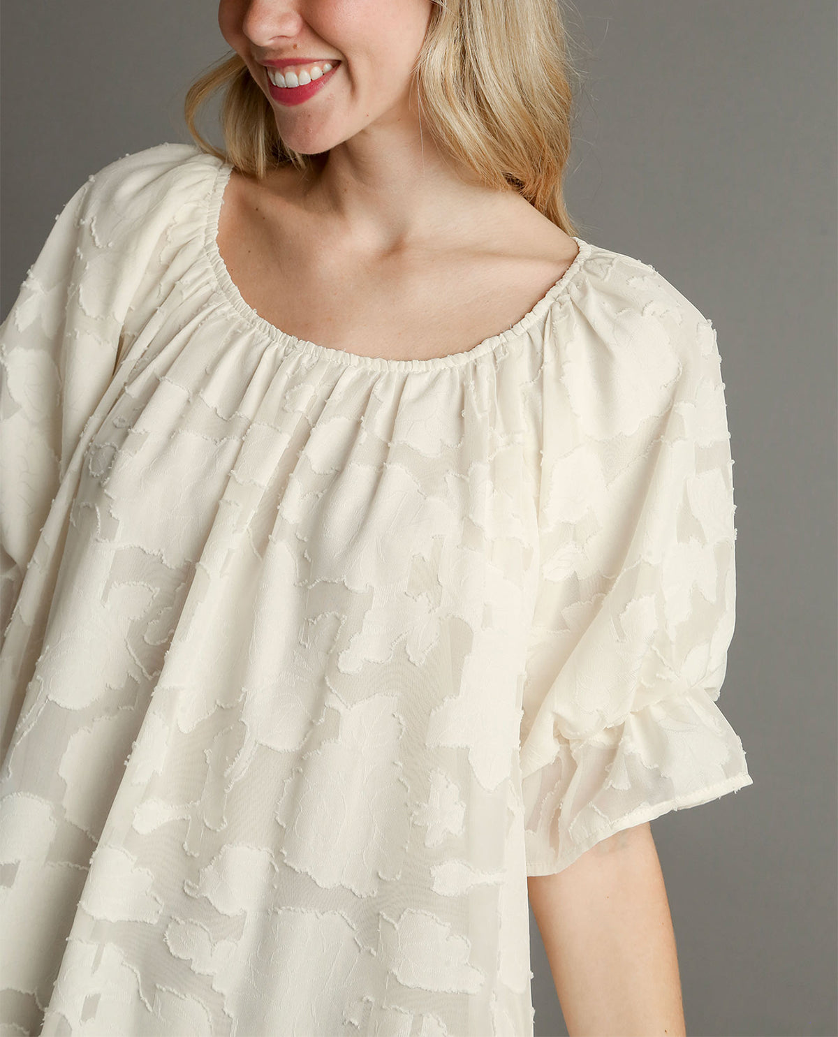 Jacquard Lace Bubble Sleeve Top