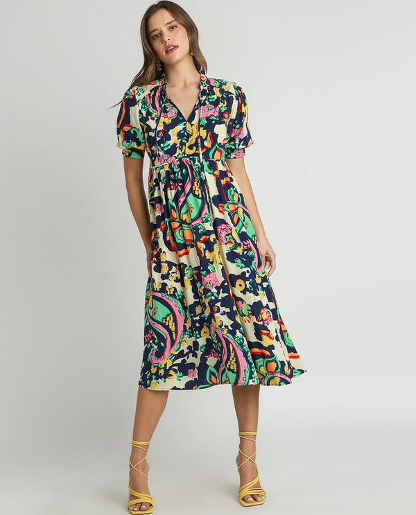 Paisley Print V-Neck Midi Dress