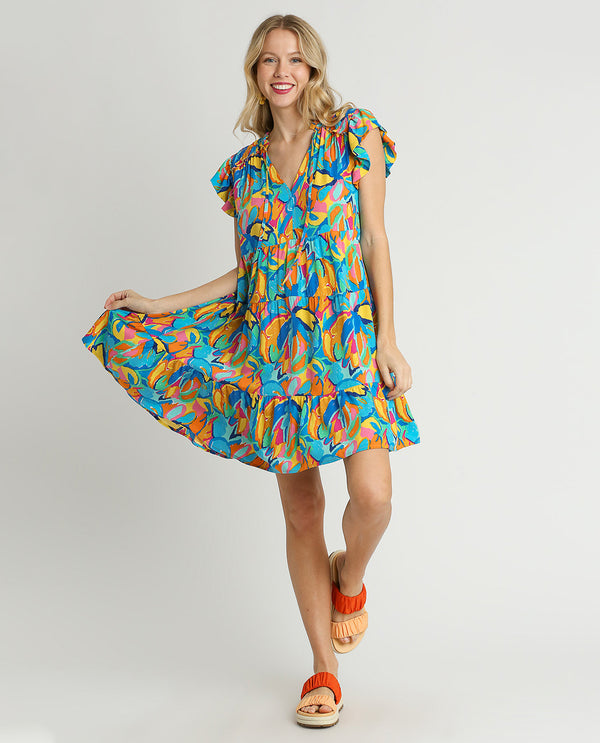 Abstract Print A-Line Tiered Dress