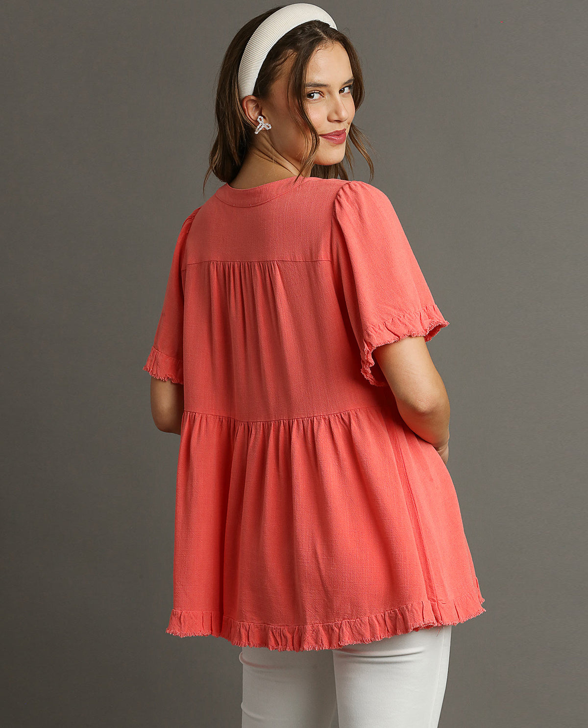 Linen V-Neck Pleated Top