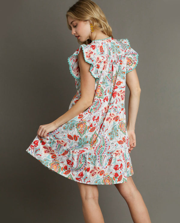 Paisley Print V-Neck Tiered Short Dress
