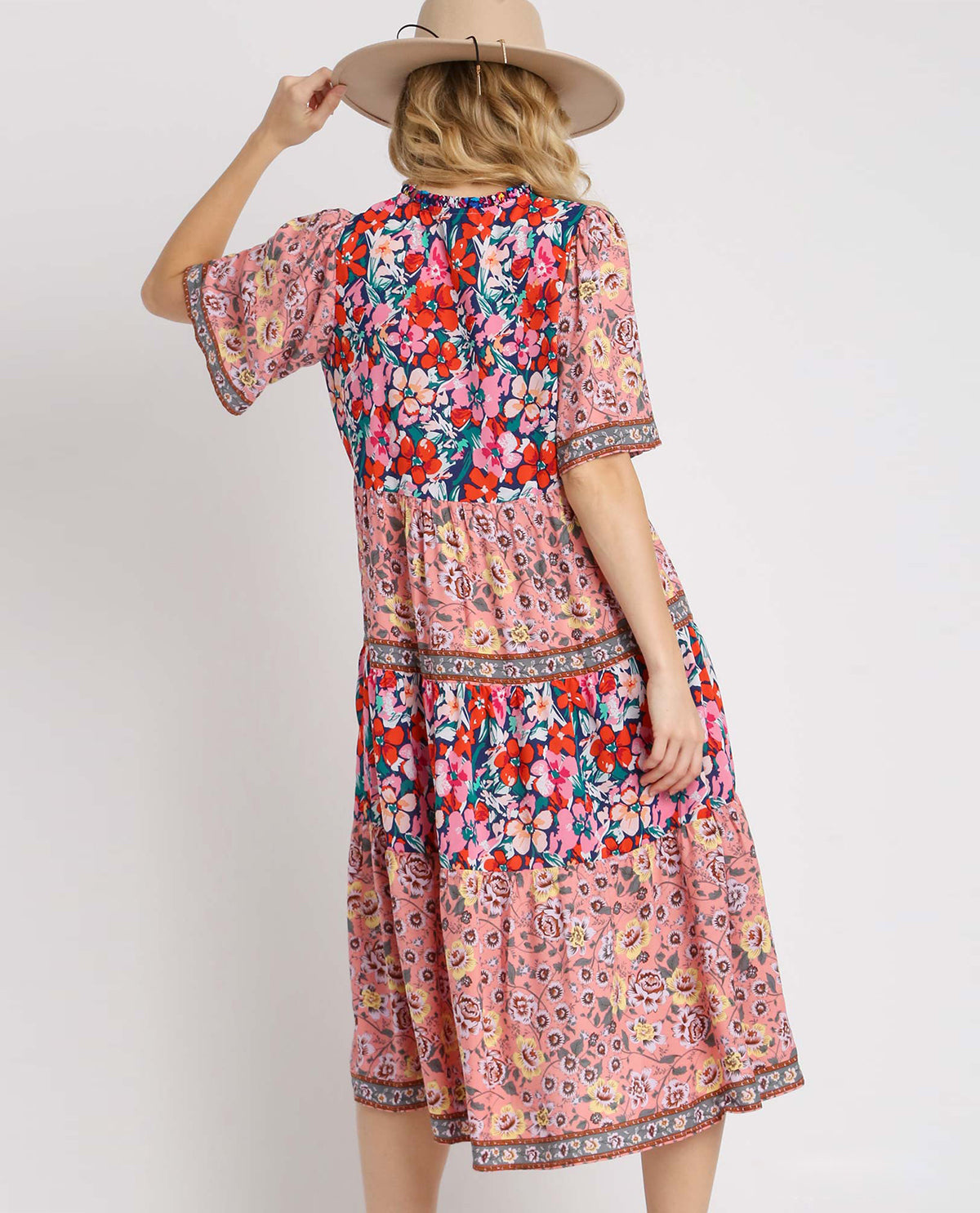 Short Sleeve Mixed Floral Print Maxi Dress
