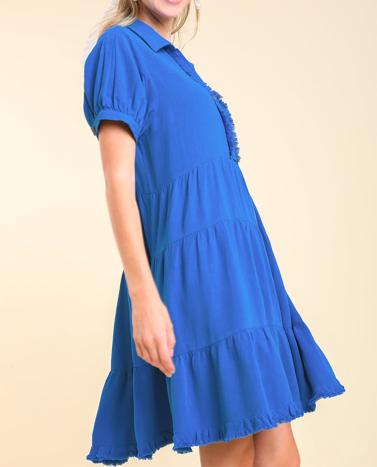 Pleated Sleeve Collared Tiered Dress
