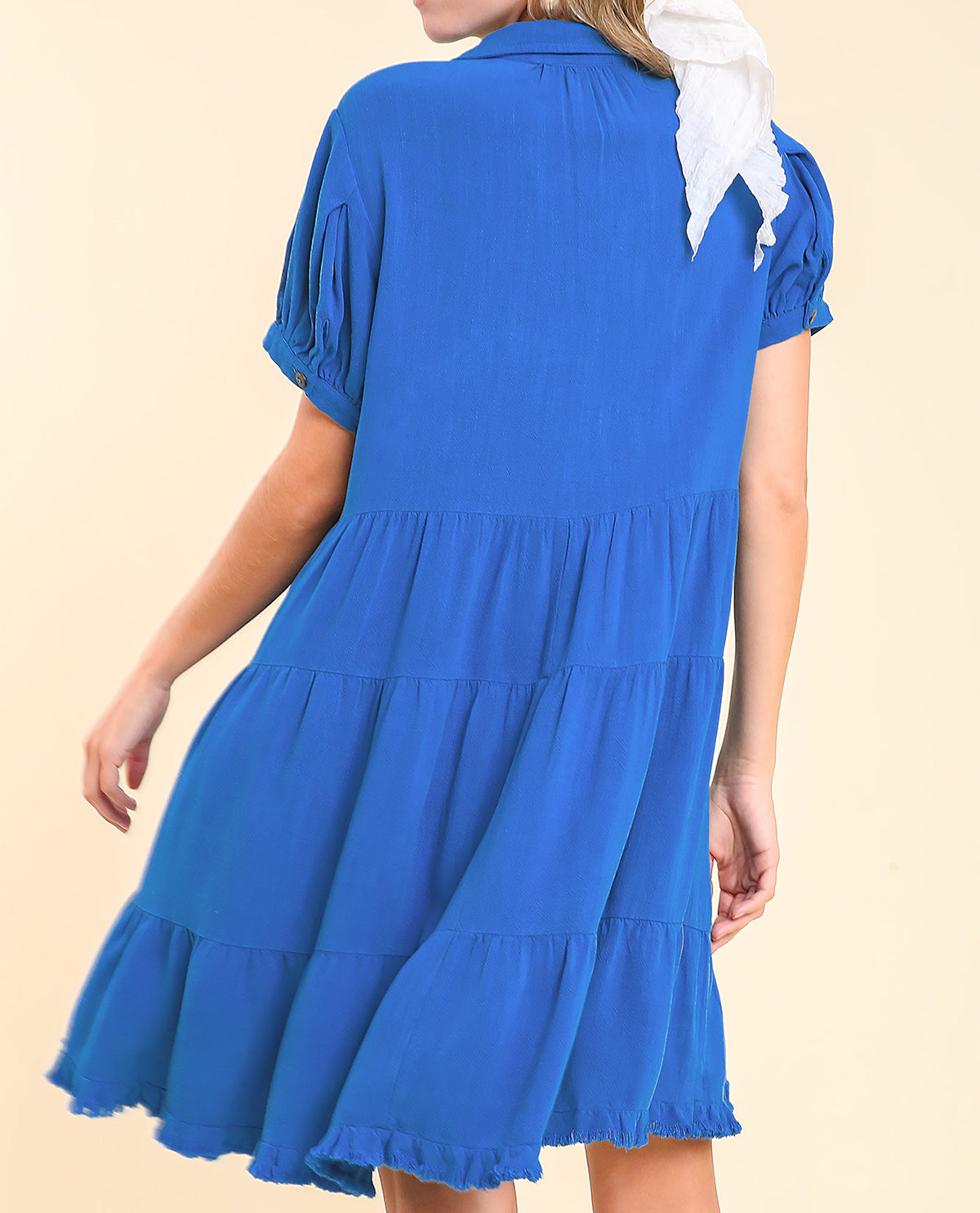 Pleated Sleeve Collared Tiered Dress