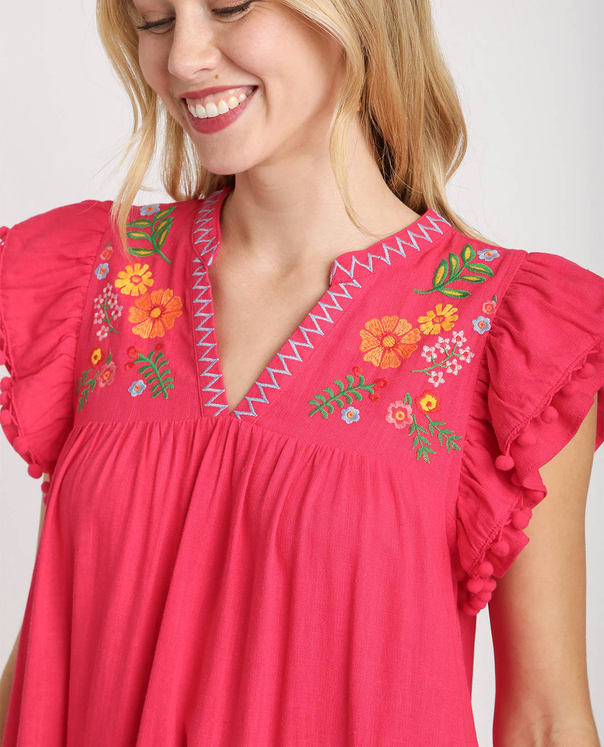 A-Line Split Neck Embroidery Short Dress