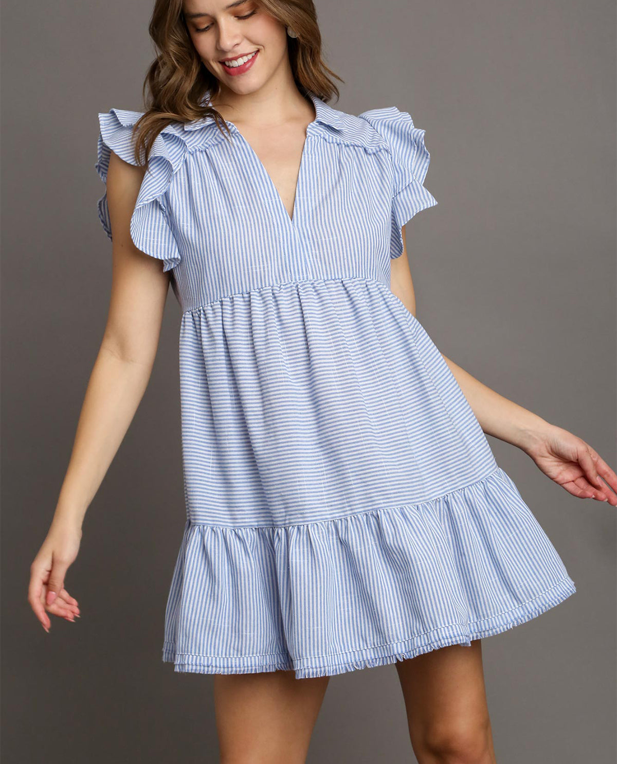 V-Neck Collared Dress with Ruffle Sleeve