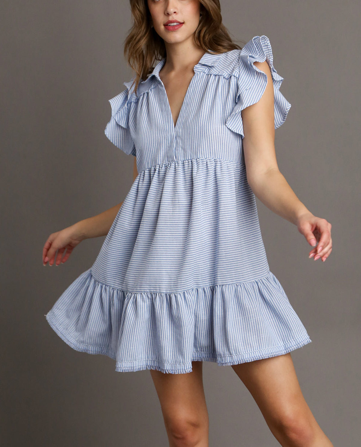 V-Neck Collared Dress with Ruffle Sleeve