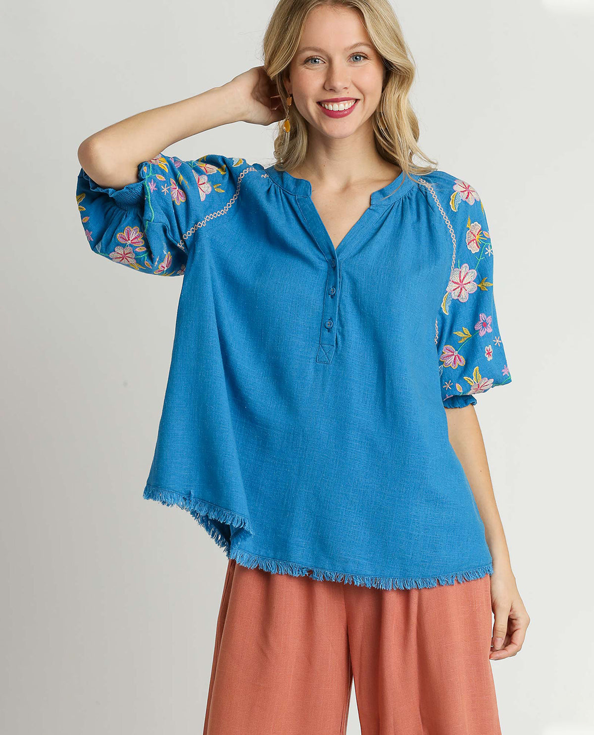 Mid Button-Down Embroidery Sleeve Top