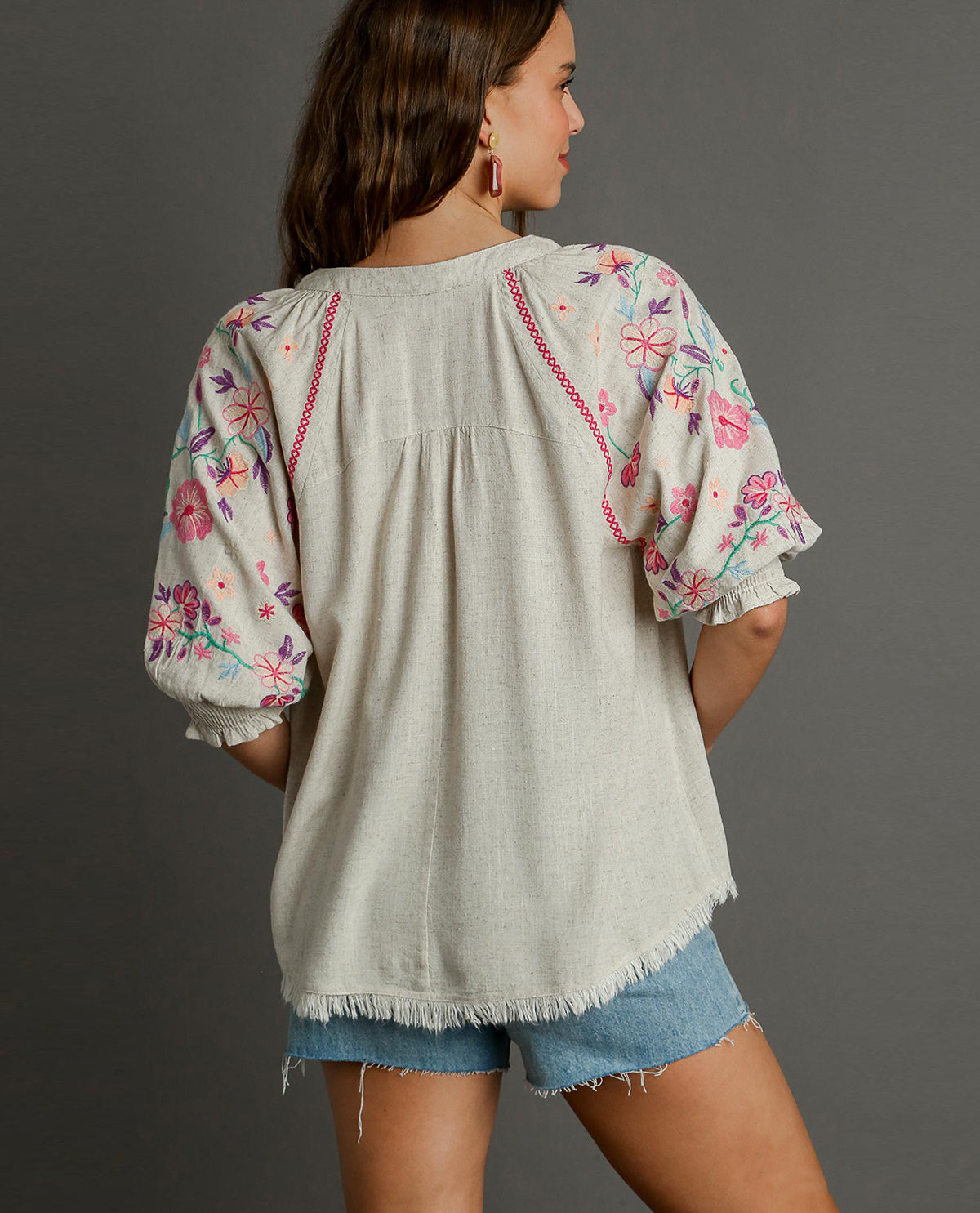 Mid Button-Down Embroidery Sleeve Top