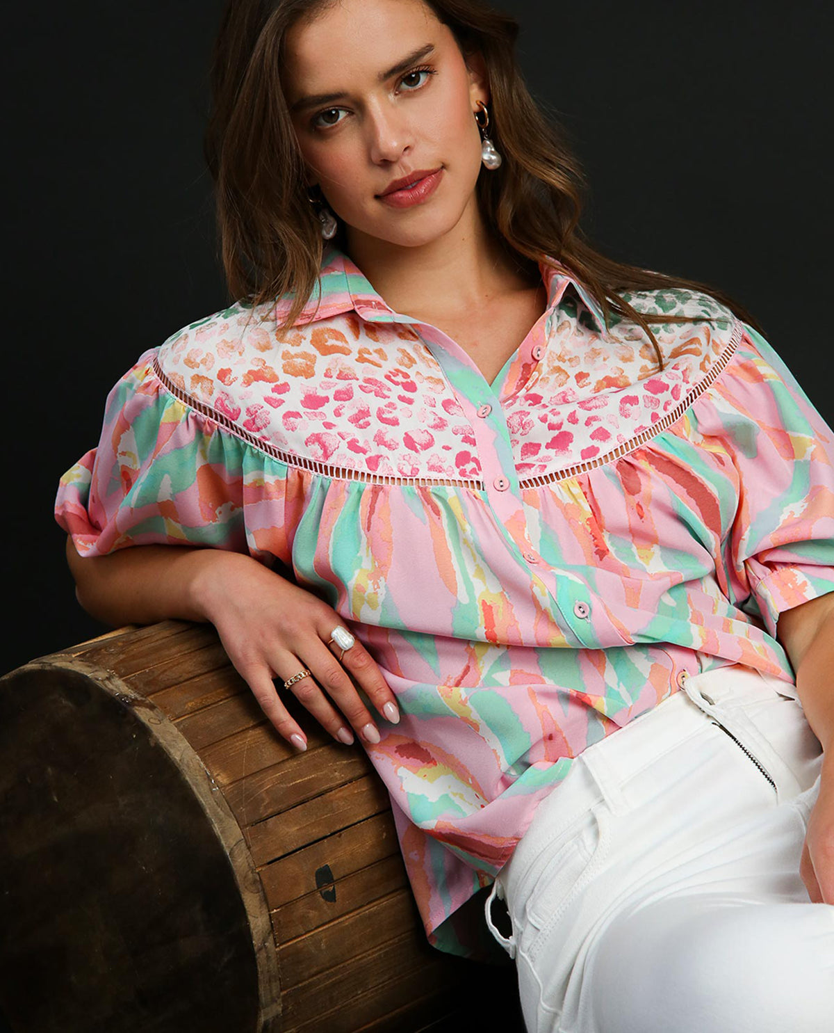 Collared Mixed Print Button-Down Top