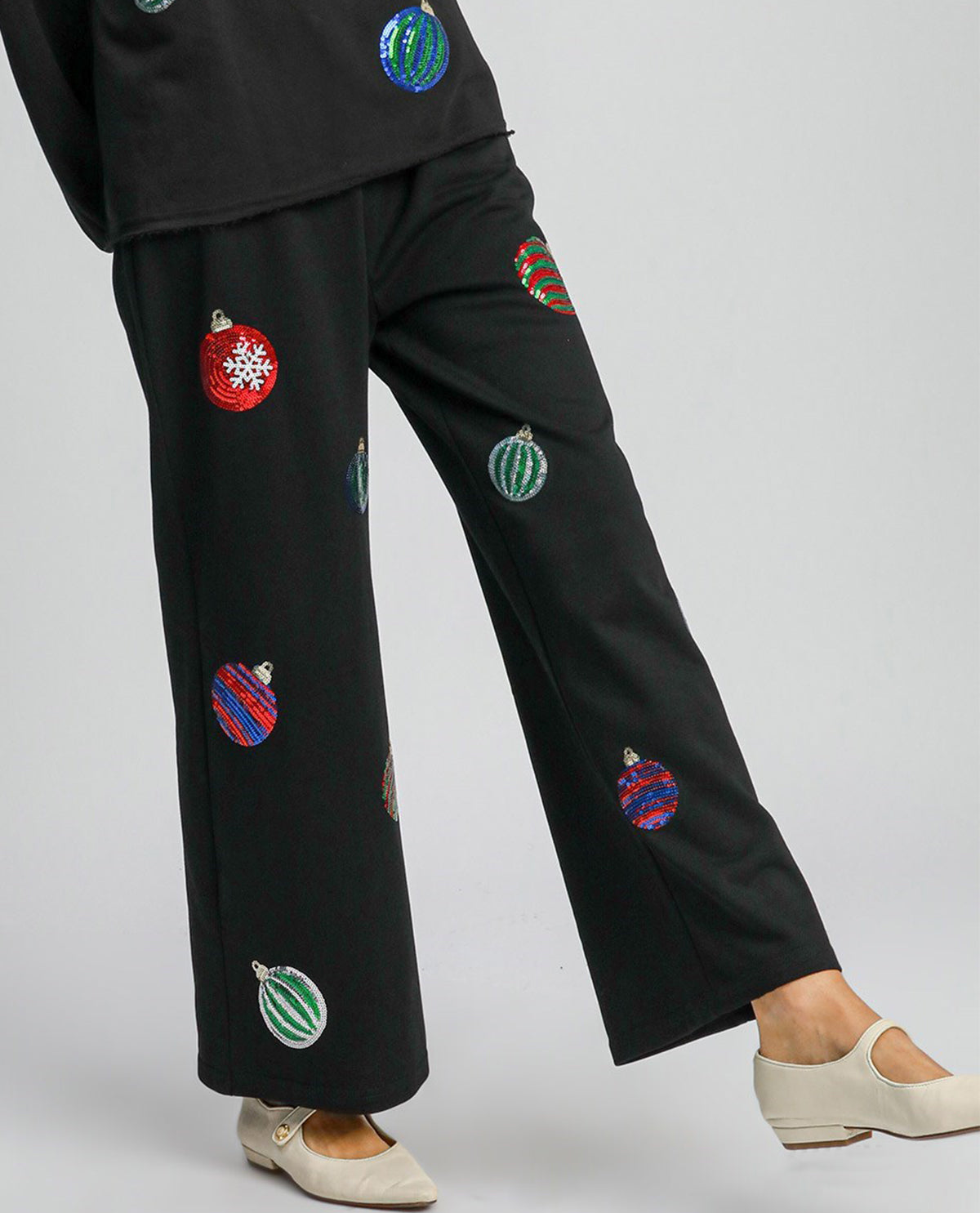 Umgee French Terry Pants with Christmas Ornament Sequins