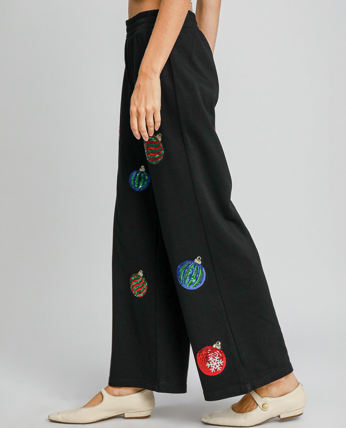 Umgee French Terry Pants with Christmas Ornament Sequins