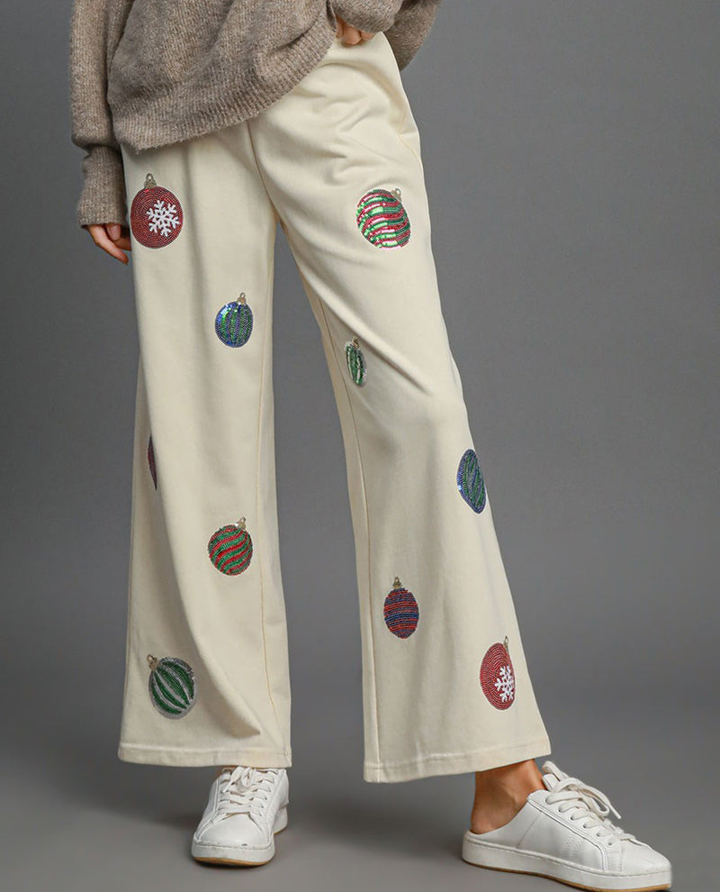 Umgee French Terry Pants with Christmas Ornament Sequins