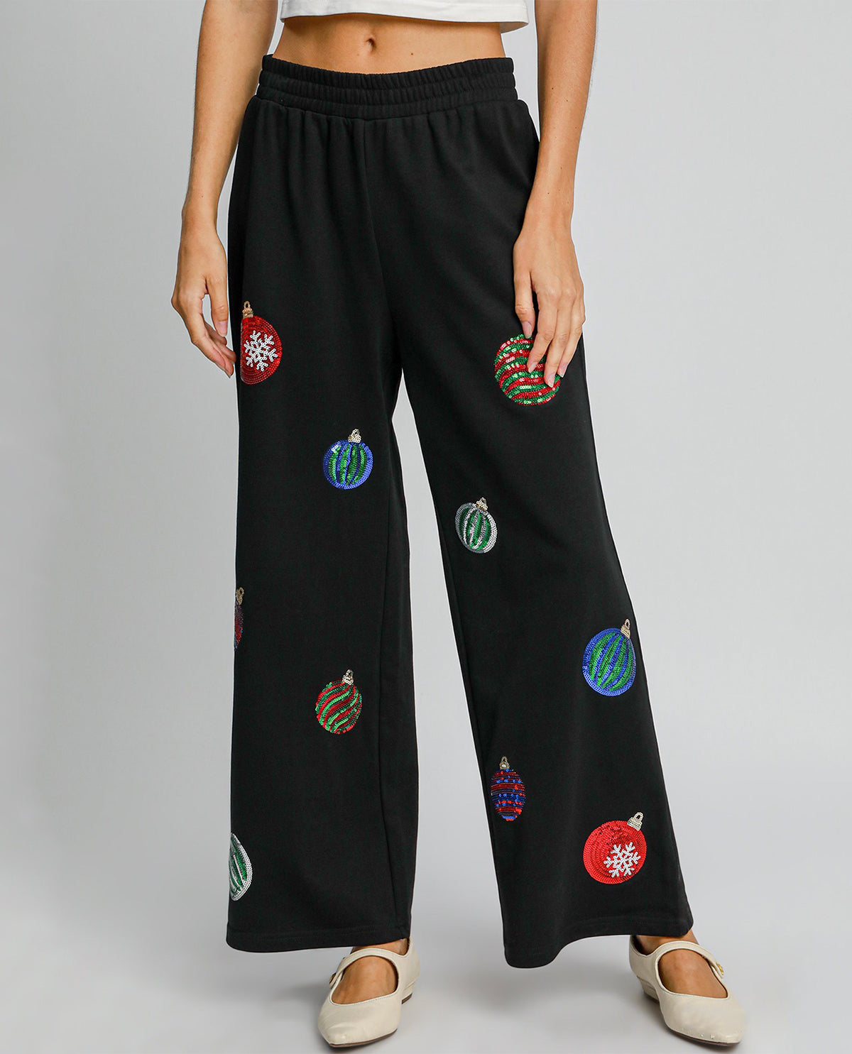 Umgee French Terry Pants with Christmas Ornament Sequins