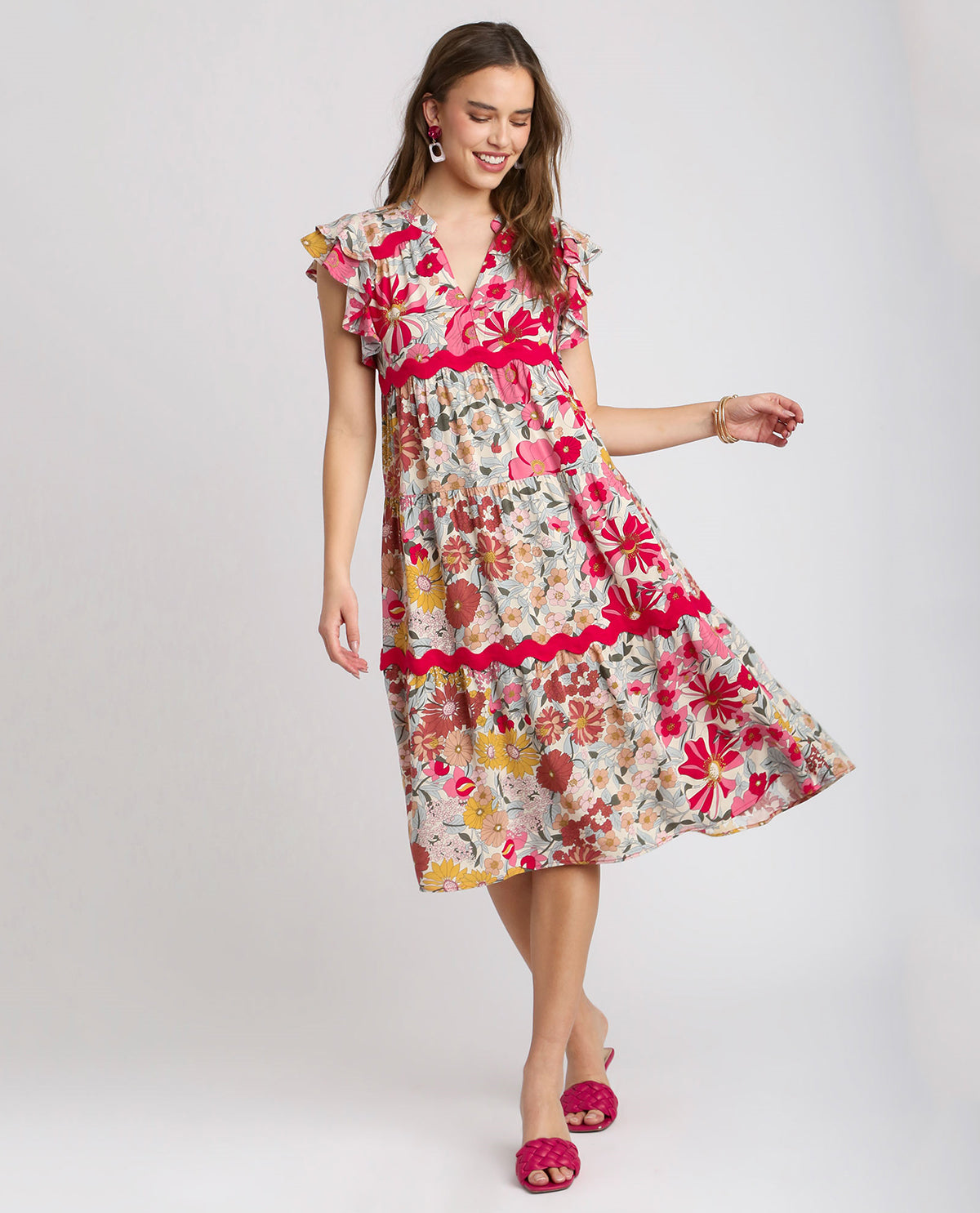 Floral Ruffle Sleeve Midi Dress