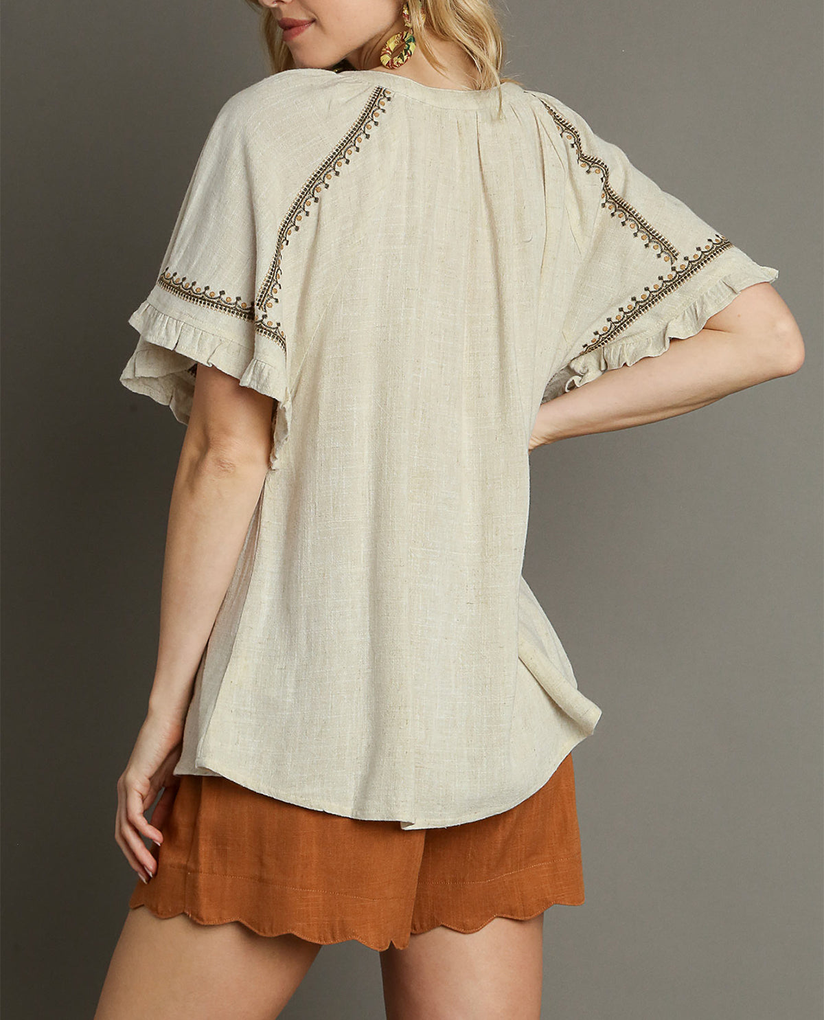 Peasant Top with Embroidery and Tassel Front Tie